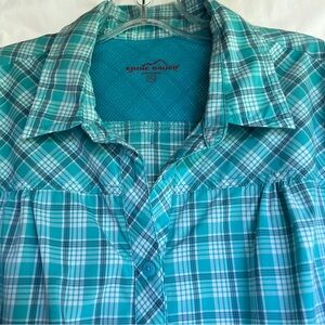 Eddie Bauer Plus Size 2XL Aqua Plaid Long Sleeve Summer Blouse Front Zip Pockets